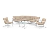IDMarket Salon de jardin bas Nairobi 8 places salon d'angle acier blanc coussins beiges