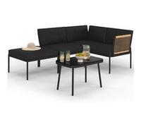 IDMarket - Salon de Jardin Bas Rio 4 Places modulable Structure métal Noir, Cordage Effet rotin Clair avec Coussins Noirs