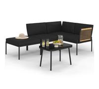 Salon De Jardin Bas Rio 4 Places Modulable Structure Métal Noir, Cordage Effet Rotin Clair Avec Coussins Noirs Et Table Basse
