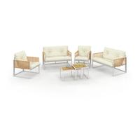 IDMarket - Salon de Jardin Bas Rio 6 Places Structure métal Blanc et Cordage Effet rotin avec Coussins Beige