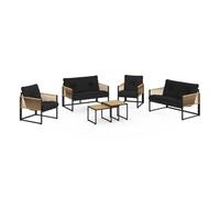 IDMARKET Salon de jardin bas RIO 6 places structure métal noir, cordage effet rotin clair et coussins noirs