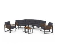 Salon De Jardin Bas Rio 8 Places Salon D'angle Structure Métal Gris Anthracite, Cordage Effet Rotin Avec Coussins Gris