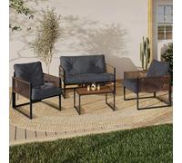IDMarket - Salon de Jardin Bas Rio 4 Places Structure métal Gris Anthracite, Cordage rotin et Coussins Gris