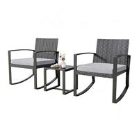 Salon de Jardin - Bealife - 2 Fauteuil Bascule - 1 Table de Jardin - Coussin - Métal - Résine Tressée - Verre Trempé - Gris