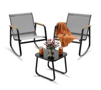 Ensemble de jardin BEALIFE WR218, 3 pièces, comprenant une table de jardin, 2 fauteuils berçants en mesh et une table en verre. Idéal pour terrasse et balcon. Couleur : noir/gris clair