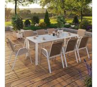 IDMarket Salon de jardin Madrid – Table 190 cm et 8 chaises empilables Blanc/Beige