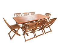 Salon De Jardin Bois Exotique "Hongkong" - Table Fixe + 8 Chaises Pliantes