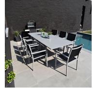 Happy Garden – Salon de jardin Capri extensible en textilène noir 8 places aluminium gris