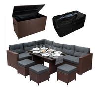 Ensemble de salon en rotin et coffre de jardin | Canapé d'angle 9 places avec coussins épais, table en verre, grands coussins et coffre à coussins de 582 L | Pour l'extérieur et le jardin | Résistant 