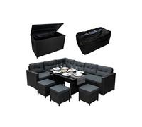 Ensemble de salon en rotin et coffre de jardin | Canapé d'angle 9 places avec coussins épais, table en verre, grands coussins et coffre de rangement de 582 L | Pour l'extérieur et le jardin | Résistan