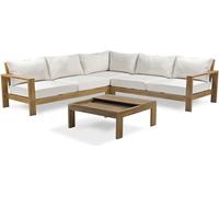 Salon de jardin d'angle, Marron, Aluminium effet bois, 5 places, Table carrée avec plateau HPL amovible, Coussins déhoussables