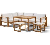 Salon de jardin d'angle modulable LEVATA DINING, Bois d'acacia 7 personnes, Blanc cassé, Housse incluse