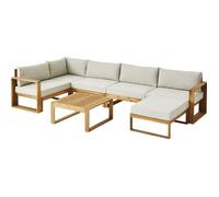 Ensemble de canapé d'angle extérieur BOCARNEA Levata XL, fabriqué en acacia , pour 7 personnes, avec un aspect lin gris-beige, modulable, comprenant des coussins et une table basse rectangulaire