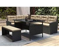 Salon de Jardin d'Angle MOOREA 8 Personnes Résine Tressée Noir | 1 Table Verre Trempé, 2 Canapés et 1 Banc, Coussins Beige Déhoussables Zip