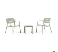 Salon de jardin détente, 2 fauteuils avec accoudoirs et table basse empilables en polypropylène pour terrasse balcon piscine Dora
