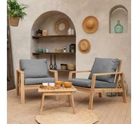 Happy Garden Salon de Jardin Gili en Acacia avec Coussins Gris. Ensemble fauteuils et Table Basse d'extérieur pour 2 Personnes