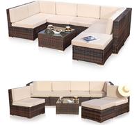 Salon de jardin en polyrattan Lounge Garniture groupe de repas brun