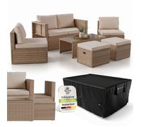 Salon de jardin en résine tressée - Juskys - Salou - Crème / Sable - 6 personnes - Avec housse de protection