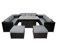 Salon de jardin en rotin synthétique noir, 11 places : 3 canapés, 2 fauteuils, un foyer à gaz, une table à manger et 2 tables d'appoint. Ensemble 8 pièces pour l'extérieur, résistant aux UV, avec cous