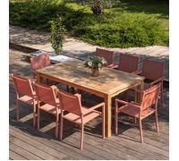 Salon de jardin en teck JAVA avec chaises en aluminium terracotta - 8 places