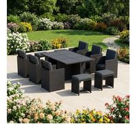 Salon de jardin encastrable 10 places en résine tressée - Table + fauteuils + tabourets - Ensemble repas extérieur moderne gris
