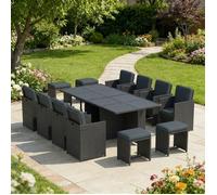 Salon de jardin encastrable 12 places en résine tressée - Table + fauteuils + tabourets - Ensemble repas extérieur moderne gris