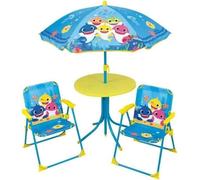 Salon de Jardin Enfant Baby Shark, Table 46xø46 cm, 2 Chaises 53x38,5x37,5 cm, Parasol 125 x ø100 cm