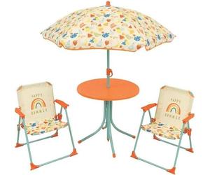 Salon de Jardin Enfant Fruity's Fun House, Table H46 x ø46 cm, 2 Chaises H53xl.38,5xP.37,5 cm, Parasol H125 x ø100 cm, Plastique, Dès 3 ans
