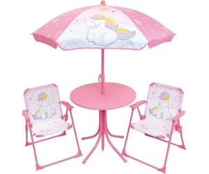 Salon de Jardin Enfant Licorne, Table 46x46cm, 2 Chaises Pliantes, Parasol 125x100cm, Fun House