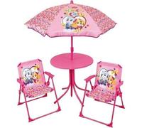 Salon de Jardin Enfant Pat' Patrouille, Table 46xø46 cm, 2 Chaises H.53xl.38,5xP.37,5cm, Parasol Ø100 cm
