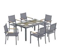 Salon de jardin - ensemble mobilier de jardin - Outsunny - 7 pièces table effet bois et 6 chaises empilables en textilène - gris