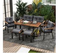 Salon de jardin extérieur bois acacia 6-7 places, ensemble table chaises fauteuils, chariot repas et housses tissu amovibles