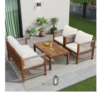 Salon de jardin extérieur - Ensemble lounge complet avec canapé double, 2 fauteuils, table et coussins confortables
