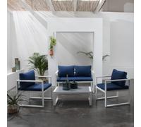 Salon de jardin IBIZA en tissu bleu 4 places - aluminium blanc
