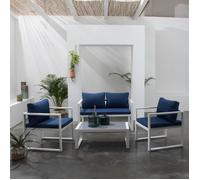 Salon de jardin IBIZA en tissu bleu 4 places - aluminium blanc