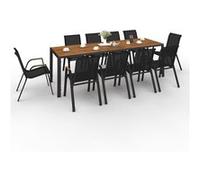 IDMarket - Salon de Jardin NOUMEA Table 240 cm Plateau Verre trempé Effet Bois et 10 chaises empilables Noir et Bois