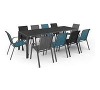 IDMarket - Salon de jardin Madrid - Table 240 cm et 10 chaises empilables - Bleu/Gris/Noir
