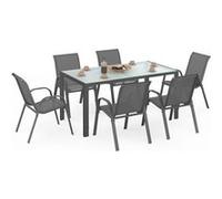 IDMarket – Salon de jardin Madrid Table 150 cm et 6 chaises empilables Gris anthracite Plateau clair