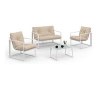IDMARKET Salon de jardin bas NAIROBI 4 places en acier blanc et coussins beige