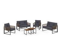 IDMarket - Salon de jardin bas RIO 6 places métal anthracite cordage effet rotin coussins gris