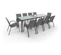 IDMarket – Salon de jardin MADRID Table 240 cm + 10 chaises empilables Gris anthracite Plateau clair
