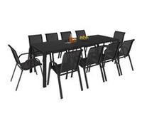 IDMarket – Salon de jardin MADRID – Table 240 cm et 10 chaises empilables – Noir