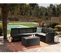Salon de jardin, imitation résine tressée, 6 places, SanRemo, Gris graphite, Table basse range-coussins, Avec coussins