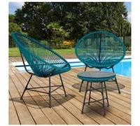 IDMarket Salon de jardin Izmir – table et 2 fauteuils œuf cordage – bleu canard