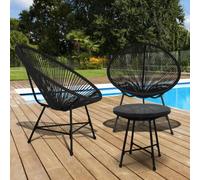 IDMarket – Salon de jardin Izmir – Table et 2 fauteuils œuf en cordage – Noir