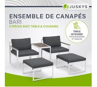 Salon de jardin - Juskys - 5 pièces - Bari - Gris - Métal - Table et coussins - Canapé tabourets table et coussins