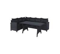Ensemble de salon de jardin AMC KAPAS, 3 pièces, pour 5 personnes, couleur noire, structure en acier avec imitation tressage en résine, table haute et 2 canapés fixes avec coussins en polyester