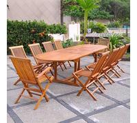 Salon de Jardin LUBOK Teck Huilé Ovale 10 Personnes | Rallonge papillon intégrée, 8 chaises + 2 fauteuils, finitions laiton
