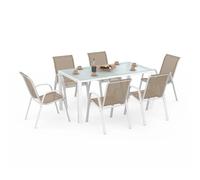 Salon De Jardin Madrid Table 150 Cm Et 6 Chaises Empilables Blanc Et Beige