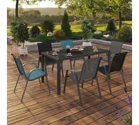 Salon De Jardin Madrid Table 150 Cm Et 6 Chaises Empilables Mix Color Gris, Noir Et Bleu